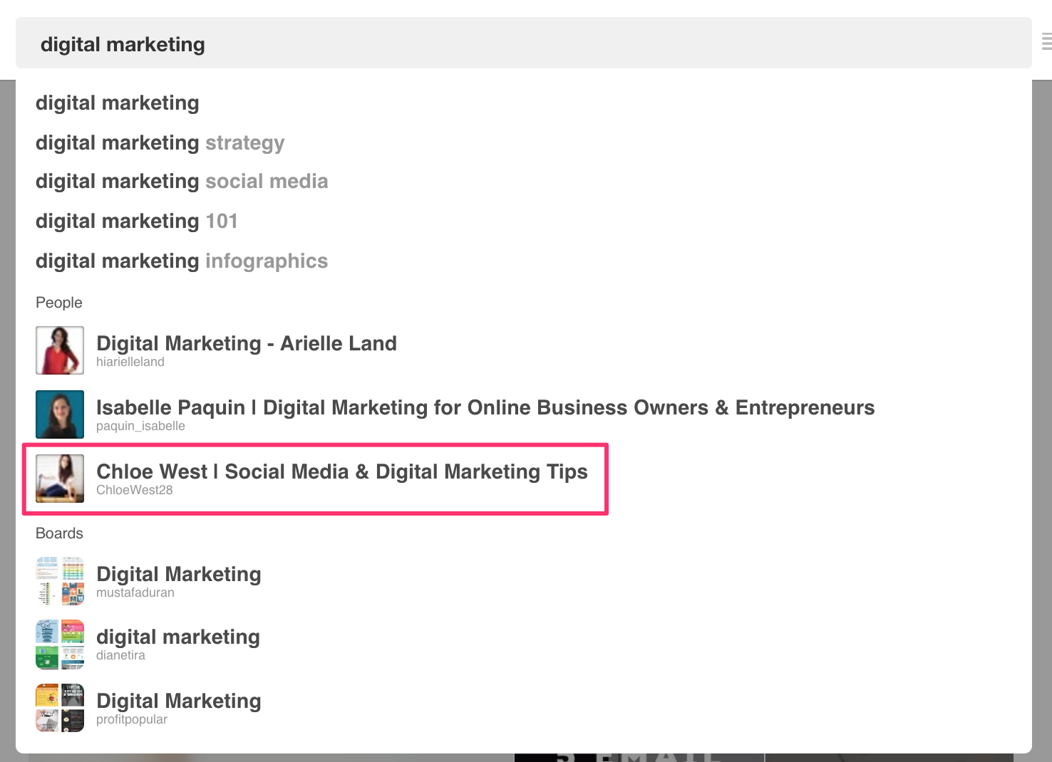 Pinterest Advertising Strategies 2 Pinterest search results for digital marketing showing optimized profiles