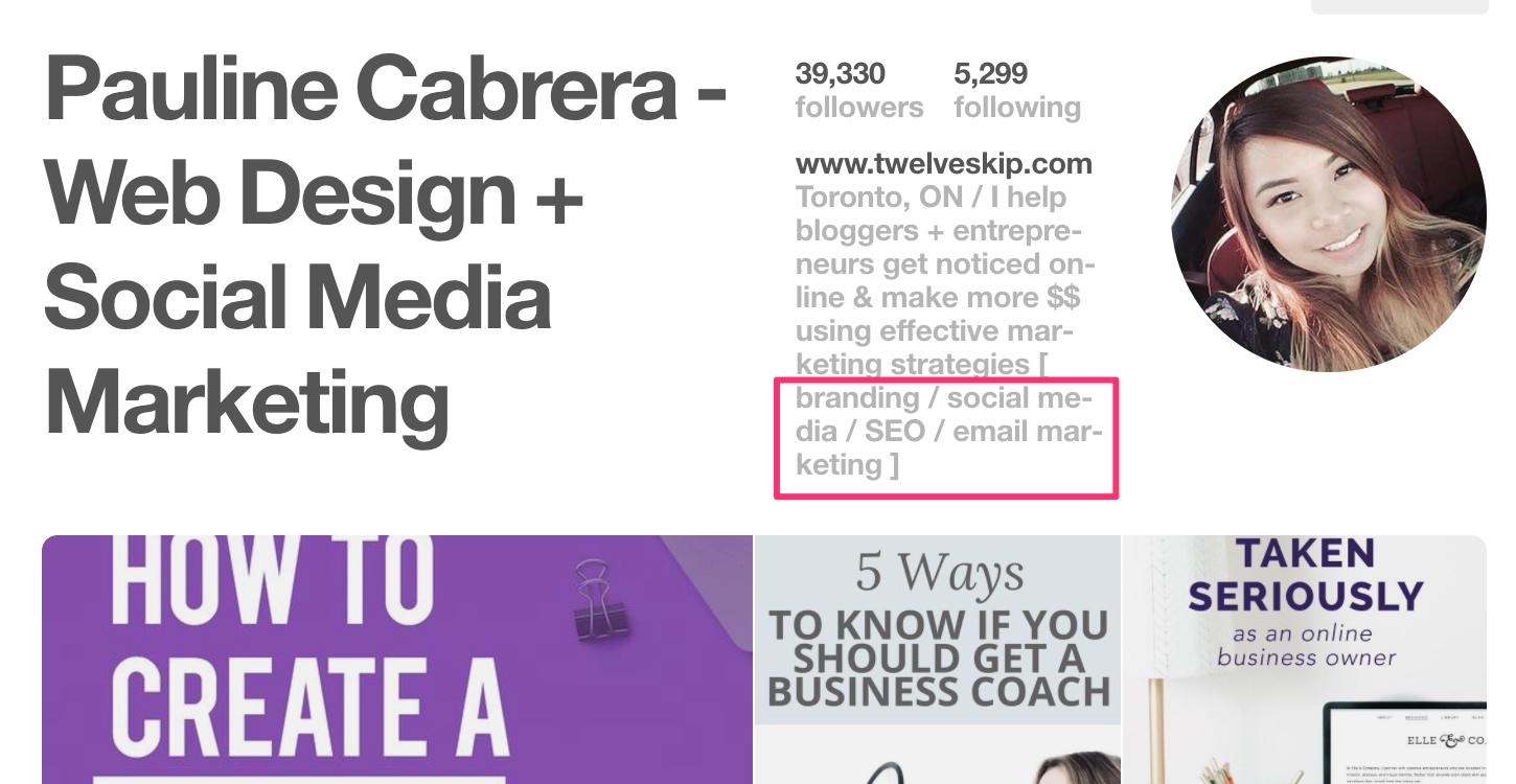 Pinterest Advertising Strategies 3 Pinterest profile description with SEO keywords