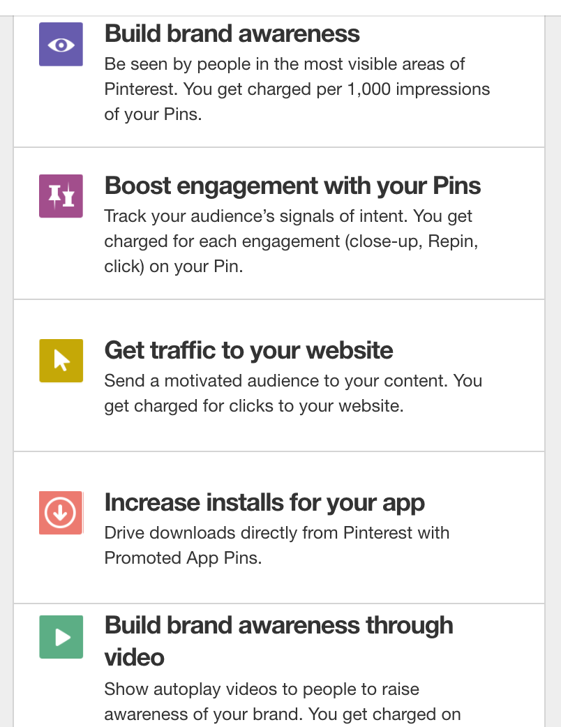 Pinterest Advertising Strategies 14 Pinterest campaign objective selection screen