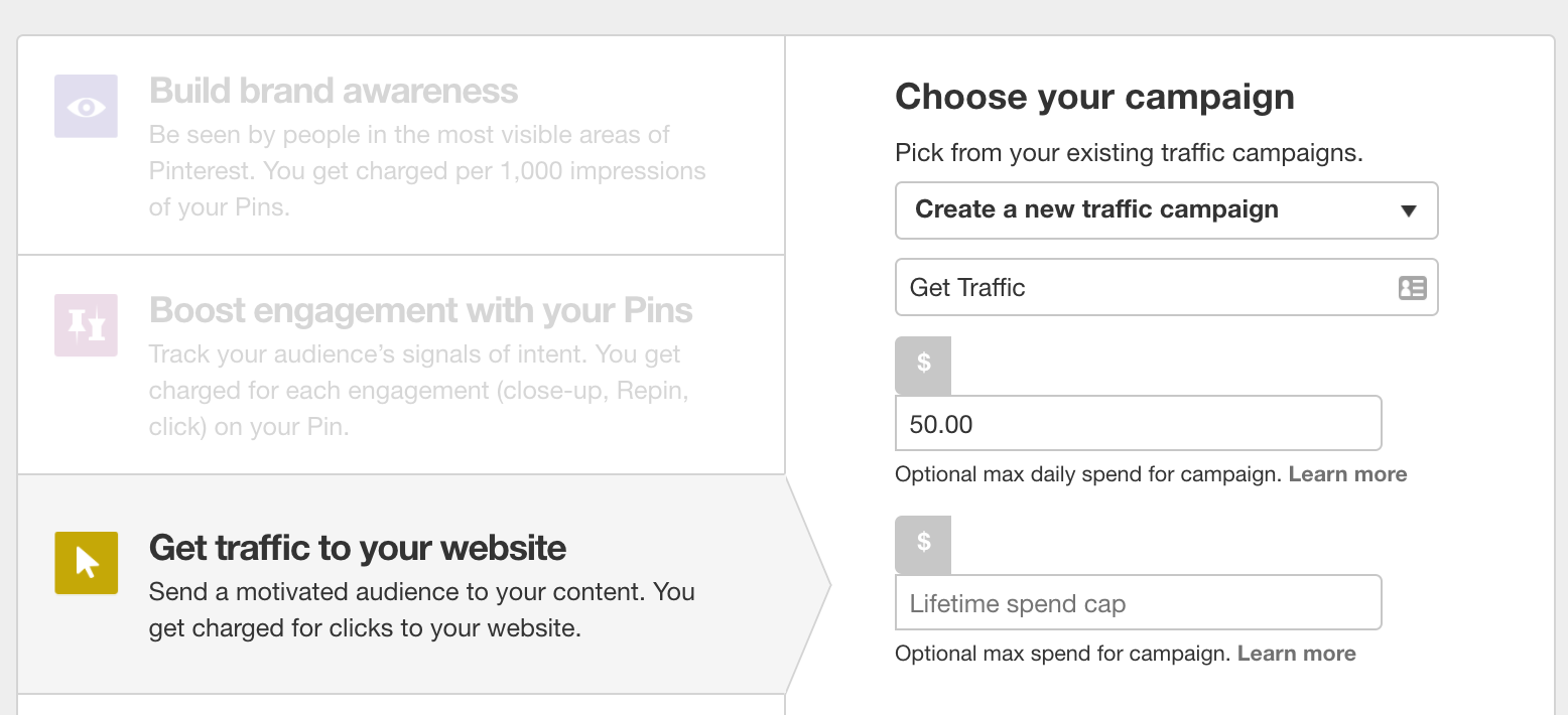 Pinterest Advertising Strategies 16 Pinterest campaign creation budget and name
