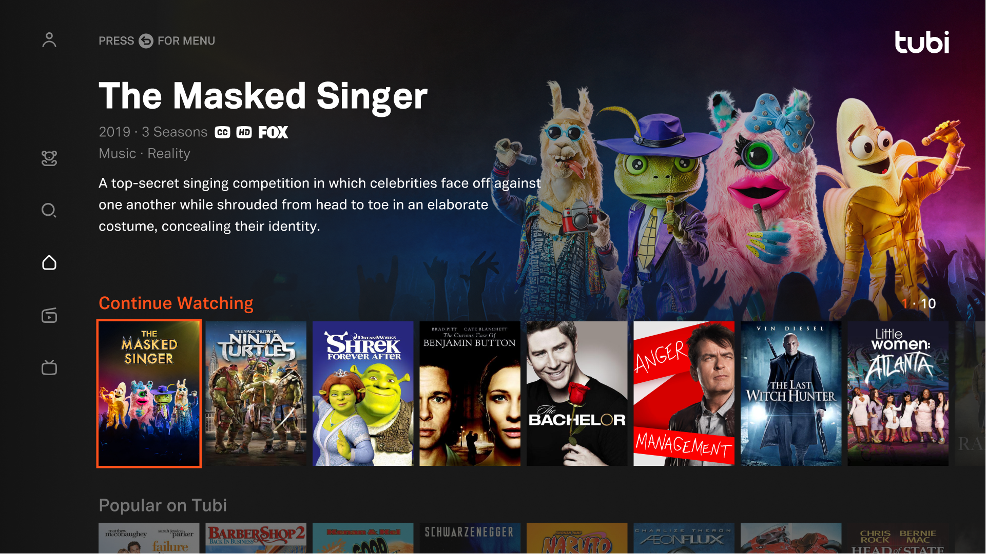 Tubi TV homepage showing popular movies and categories