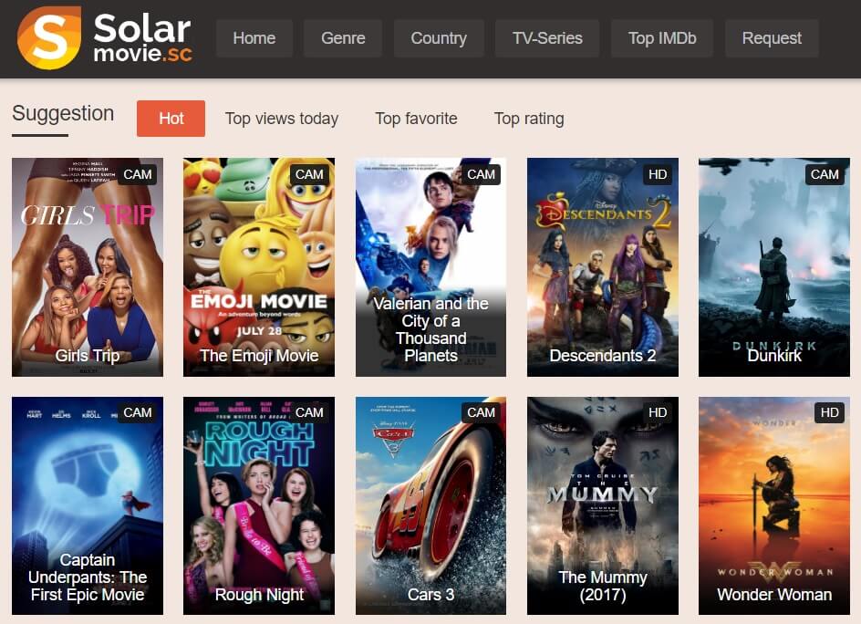 SolarMovie homepage showing movie categories and featured titles