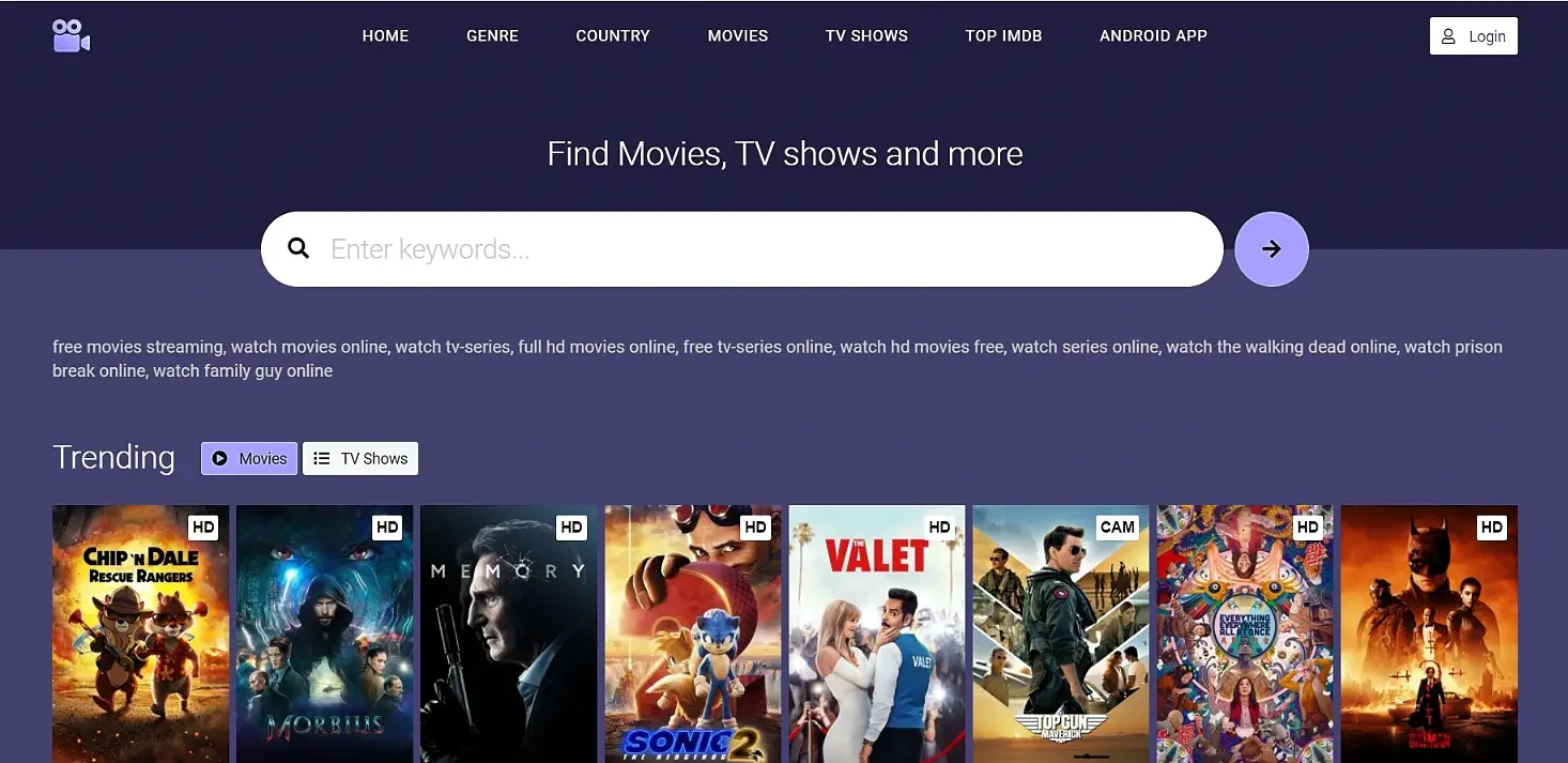 MoviesJoy homepage with movie categories and IMDB ratings