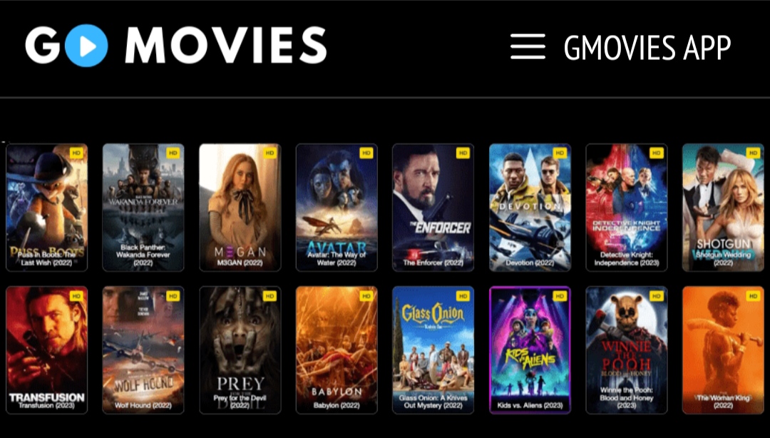 GoMovies app interface showing movie search and filters