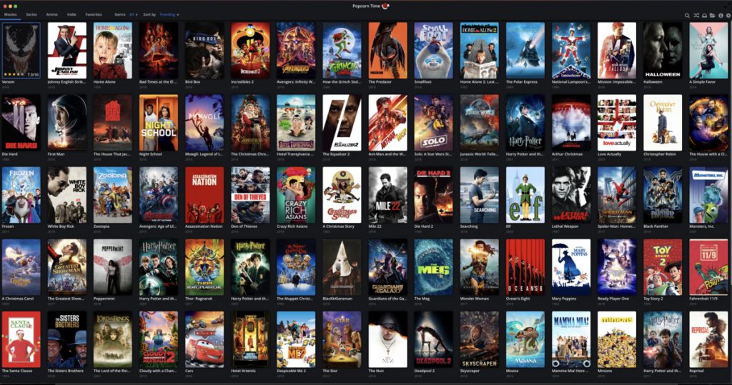 Popcorn Time application interface showing movie selection