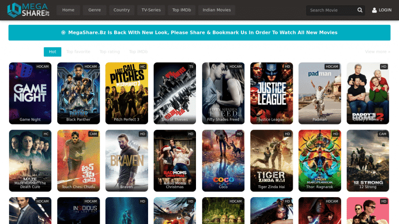 Megashare website layout showing movie selection and quality options