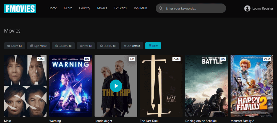 FMovies unofficial streaming website showing movie and TV show categories with filter options — use VPN when accessing