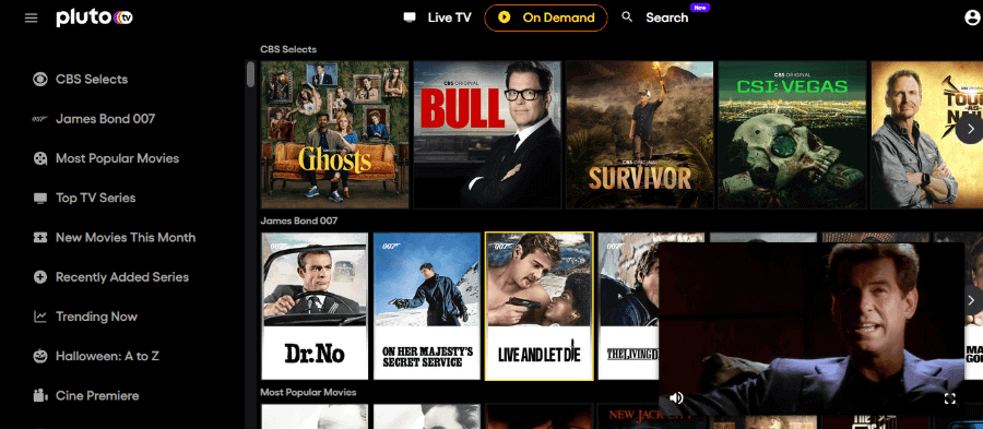 Pluto TV free streaming platform interface showing live TV channels grid and on‑demand movie library — best Project Free TV alternative 2026
