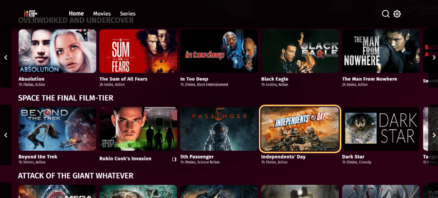 Popcornflix free streaming platform homepage showing independent film categories and classic movie collections without subscription