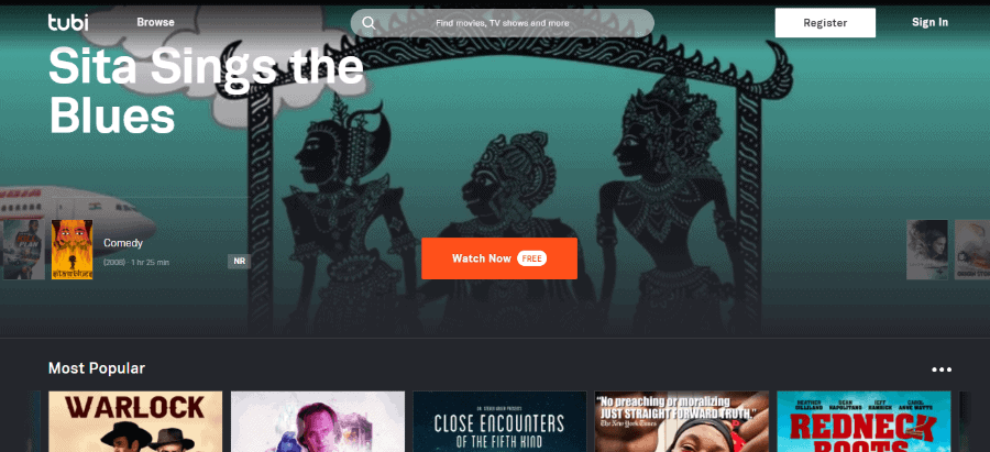 Tubi TV streaming platform homepage showing vast movie and TV show categories — legal free Project Free TV alternative with 275,000 titles