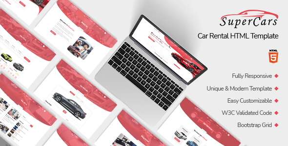SuperCars Car Rental HTML Template preview showing modern car booking interface