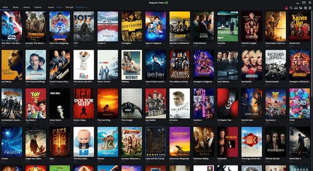 SockShare Alternatives 10 Popcorn Time application interface showing movie poster wall and playback controls