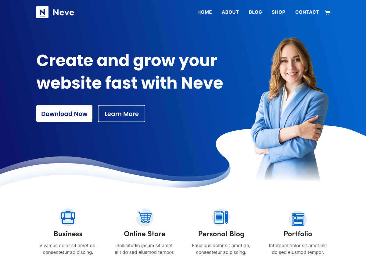 Neve WordPress theme screenshot showing modern layout
