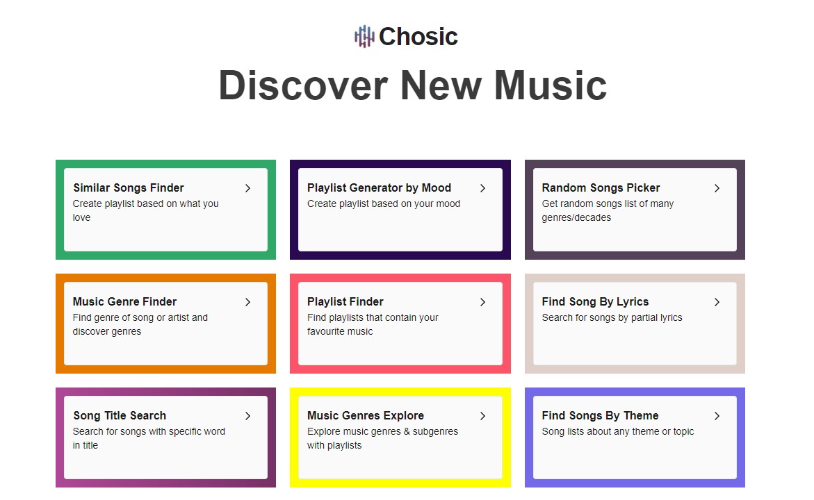 Chosic web app interface analyzing Spotify listening habits and recommending new tracks based on music mood and genre preferences