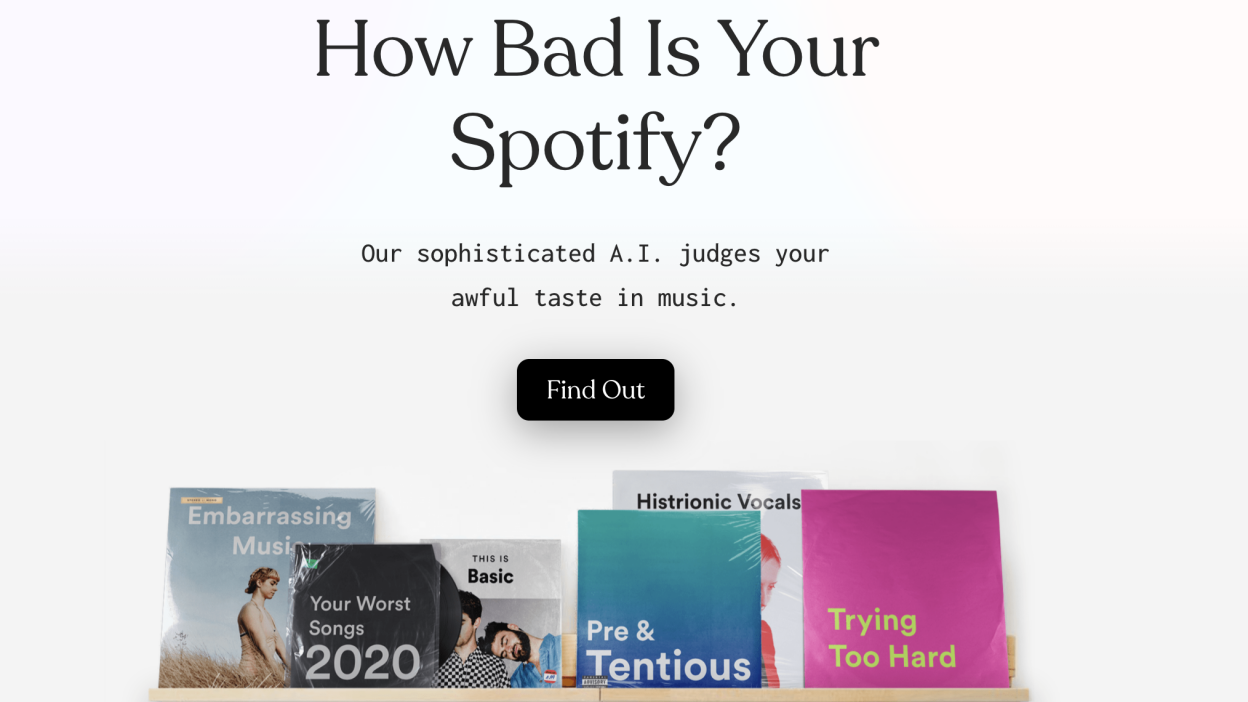 How Bad Is Your Spotify AI tool interface providing sarcastic judgments and mocking comments about a user's music listening habits