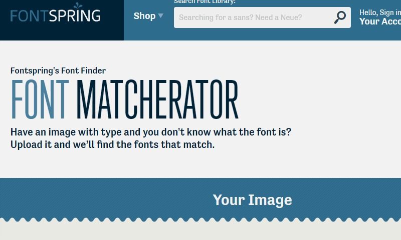 Fontspring Matcherator tool interface with image upload and font matching results