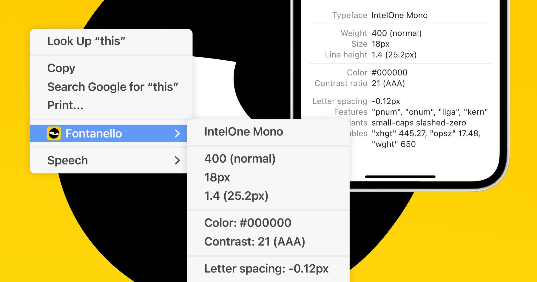 Fontanello browser extension right-click menu showing font details for selected text