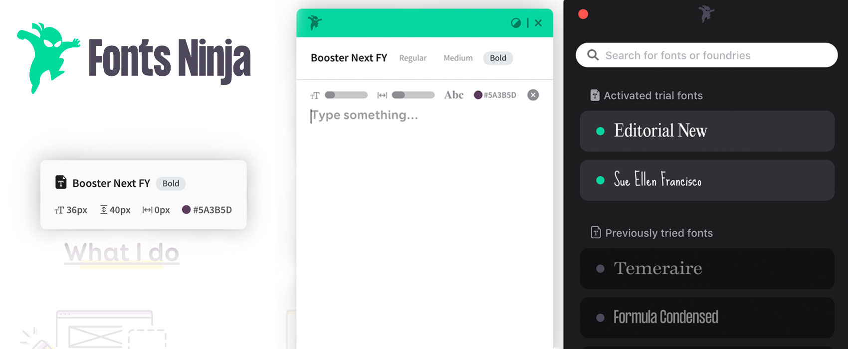 Fonts Ninja browser extension interface showing font identification overlay on website text