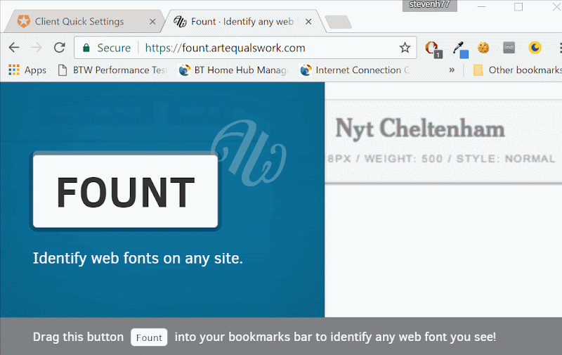 Fount bookmarklet tool demonstrating font identification on selected website text