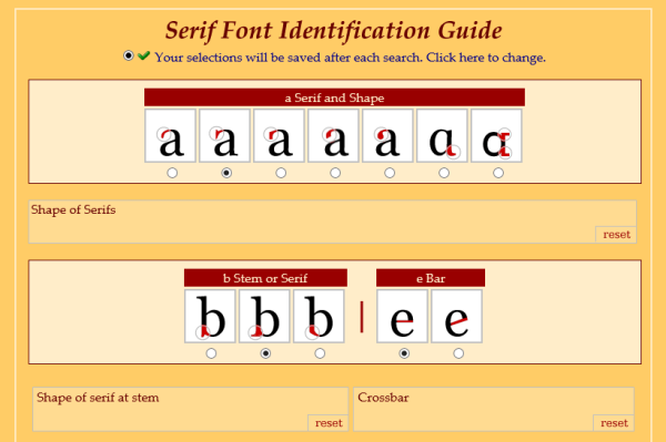 Serif Font Identification Guide interface showing letter characteristic selection options
