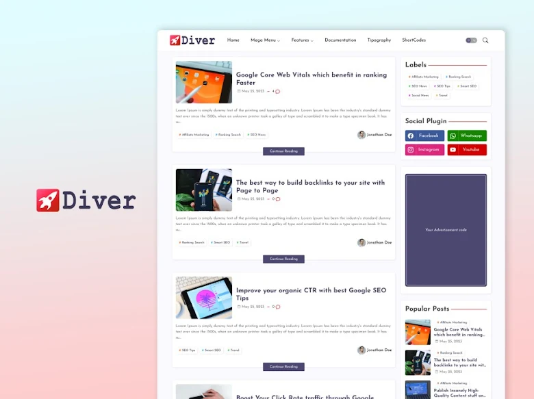 Top 5 High Quality AdSense Friendly Free Blogger Templates 12 Diver Blogger Template