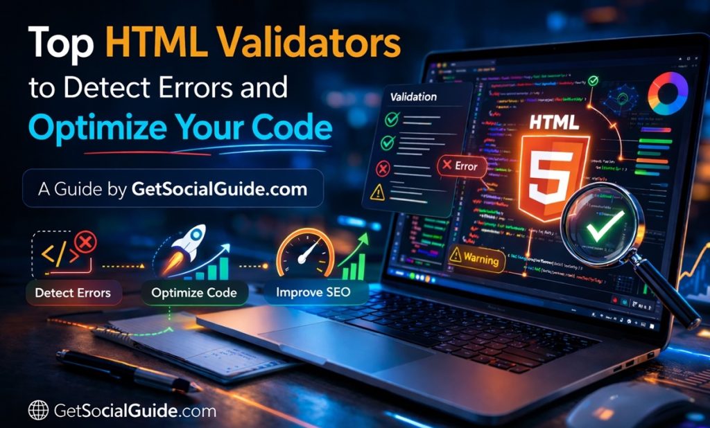 10 Top HTML Validators to Detect Errors and Optimize Your Code 4 Top HTML Validators to Detect Errors and Optimize Your Code guide by GetSocialGuide.com showing a laptop with HTML5 code, validation checklist, and icons for error detection, code optimization, and SEO improvement.