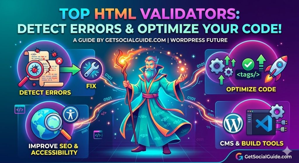10 Top HTML Validators to Detect Errors and Optimize Your Code 3 An infographic titled 'TOP HTML VALIDATORS: DETECT ERRORS & OPTIMIZE YOUR CODE!' with the subtitle 'A GUIDE BY GETSOCIALGUIDE.COM | WORDPRESS FUTURE' has a center image of a wizard standing holding a glowing staff. The vibrant infographic features four categories with smaller icons: 'DETECT ERRORS' with 'FIX', 'OPTIMIZE CODE', 'IMPROVE SEO & ACCESSIBILITY', and 'CMS & BUILD TOOLS'. The footer features the website GetSocialGuide.com in white text with a multicolor 'G' logo.