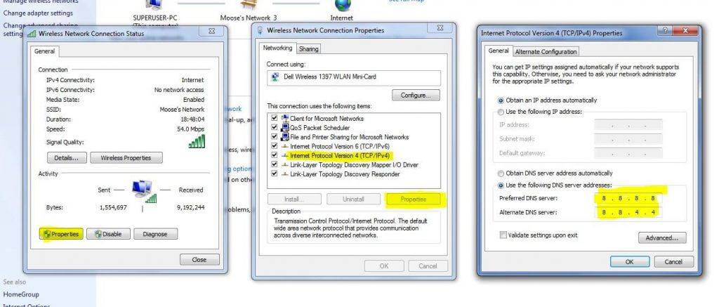 DNS Server Change interface showing Google DNS configuration