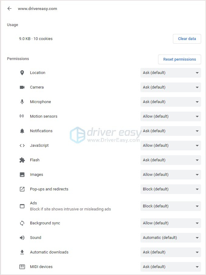 Changing site permissions in Chrome