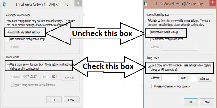 Check and uncheck box of LAN settings for proxy configuration