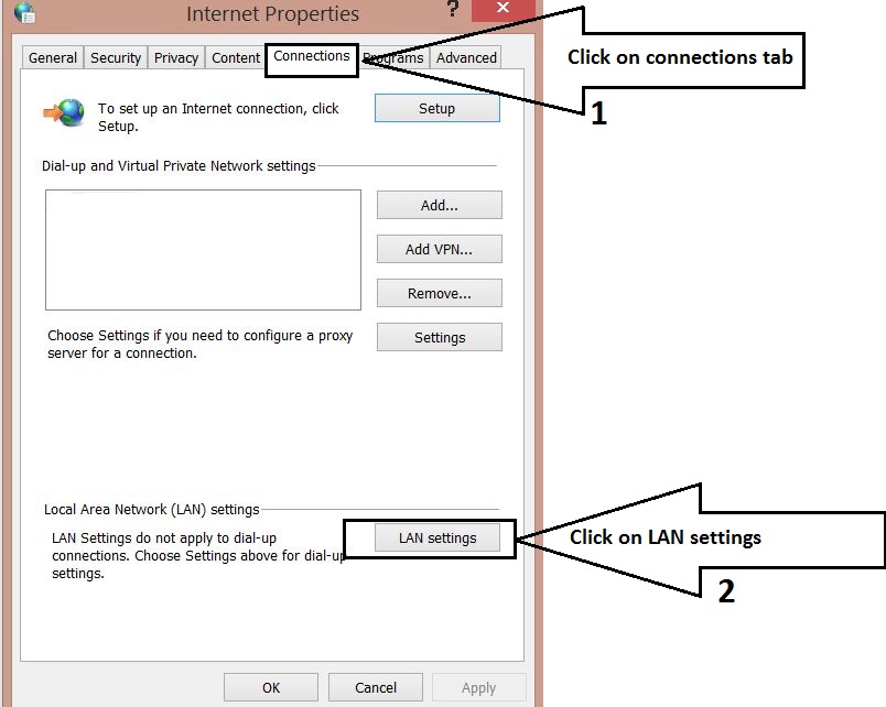 Internet connection properties window showing Connections tab