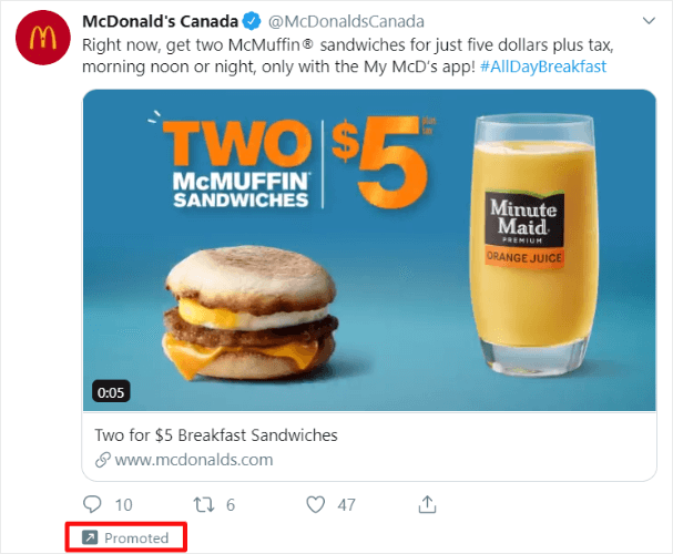 Sponsored tweet example with 'Promoted' label