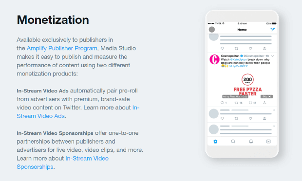 Twitter Media Studio dashboard showing monetization features