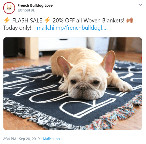 French Bulldog Love tweet promoting a discount code