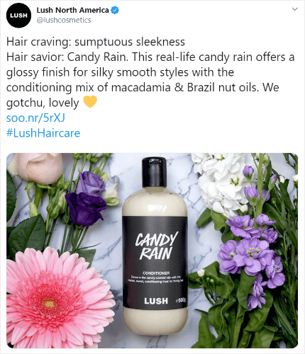 Lush tweet promoting a bath bomb with image, description, hashtag, and link