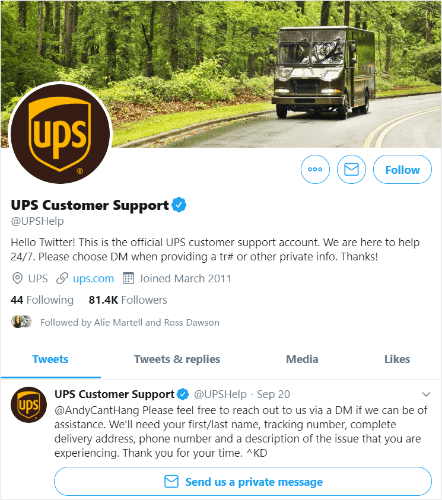 UPS Twitter account dedicated to customer service