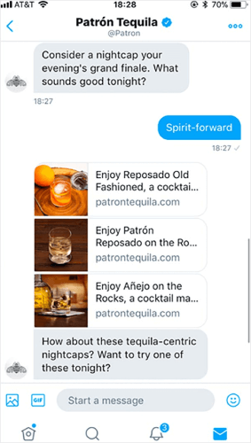 Patron Tequila chatbot conversation suggesting products
