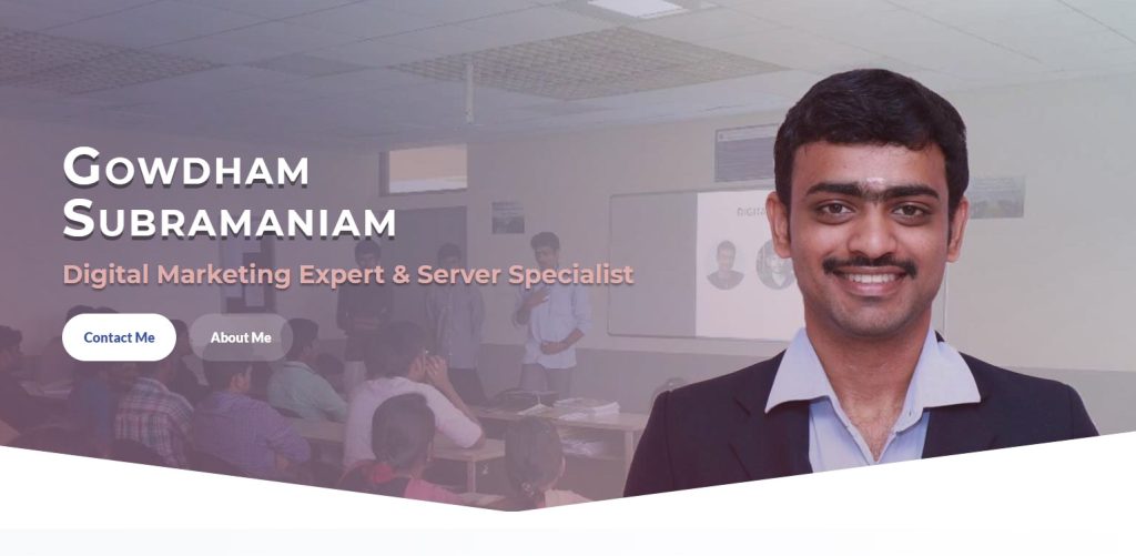 Gowdham Subramaniam's personal portfolio blog, showcasing his work as a server specialist with technical skills and projects