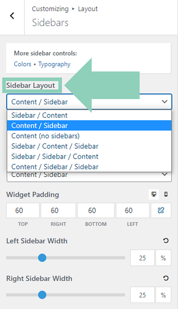 GeneratePress theme sidebar layout settings in Customizer