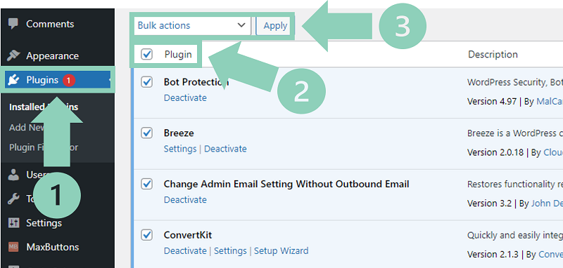 Bulk plugin deactivation in WordPress dashboard