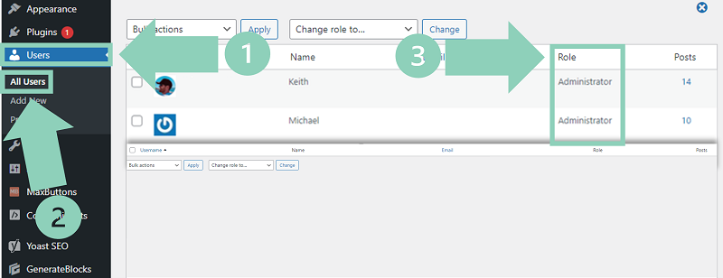 WordPress user roles list showing Administrator, Editor, Author, etc.