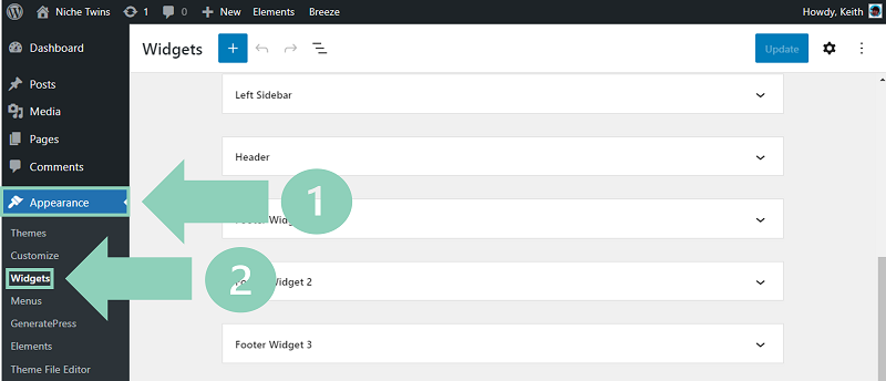 WordPress Widgets customizer interface showing available widgets and sidebars
