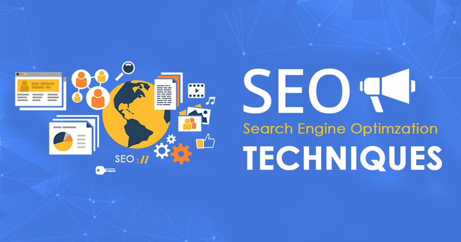 Advanced SEO techniques infographic covering mobile optimization, Core Web Vitals, content clusters, and structured data schema