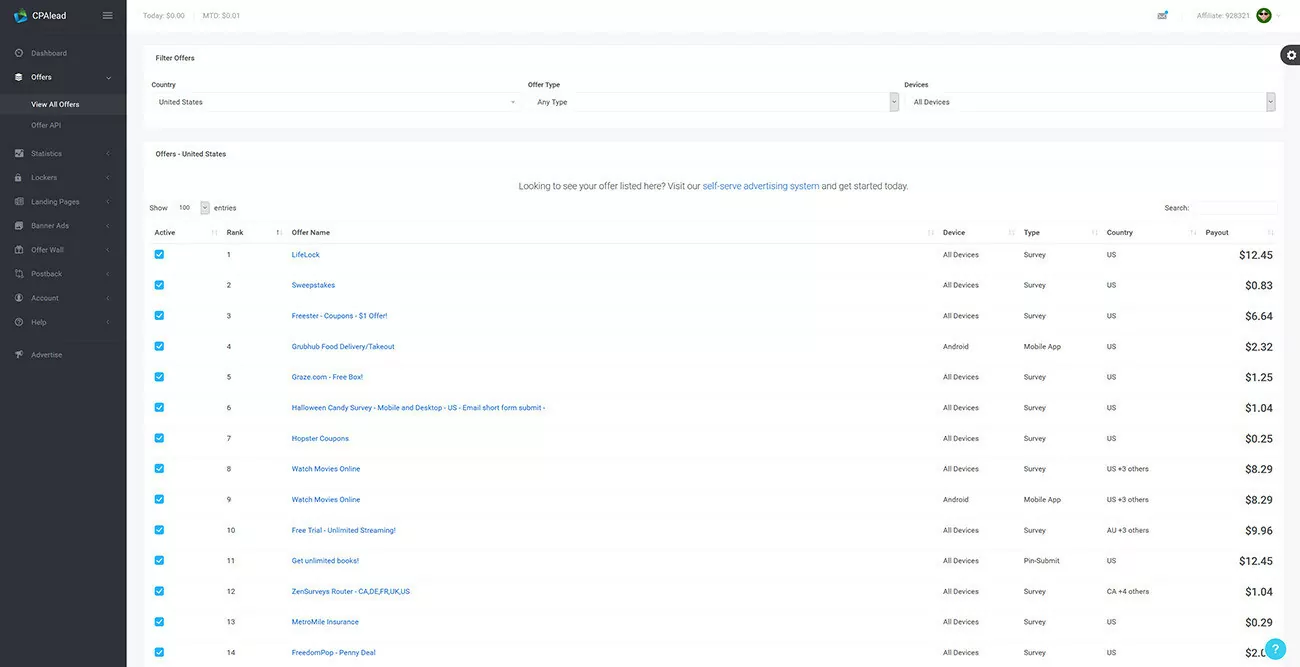 CPAlead platform showing mobile and desktop CPA offers with content locking tools