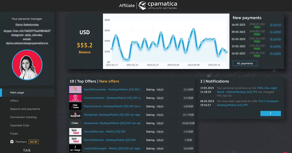 Cpamatica affiliate account interface with dating and sweepstakes offers
