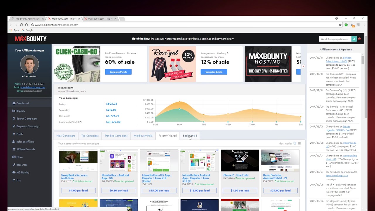 MaxBounty affiliate dashboard showing campaigns, earnings, and payment history