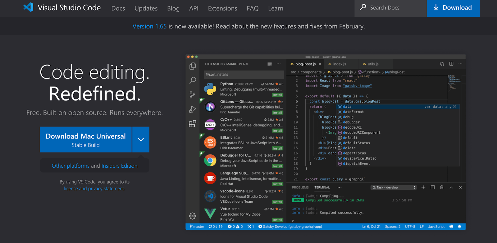 Visual Studio Code interface with an open Python file, activity bar, sidebar, and editor groups, highlighting its IntelliSense and Git integration features.