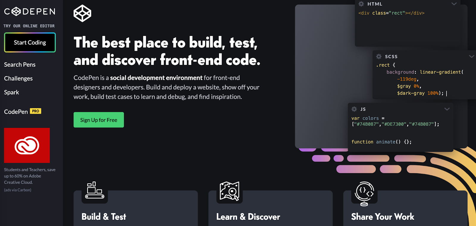 CodePen interface for front-end development with HTML, CSS, and JavaScript panels and live preview.