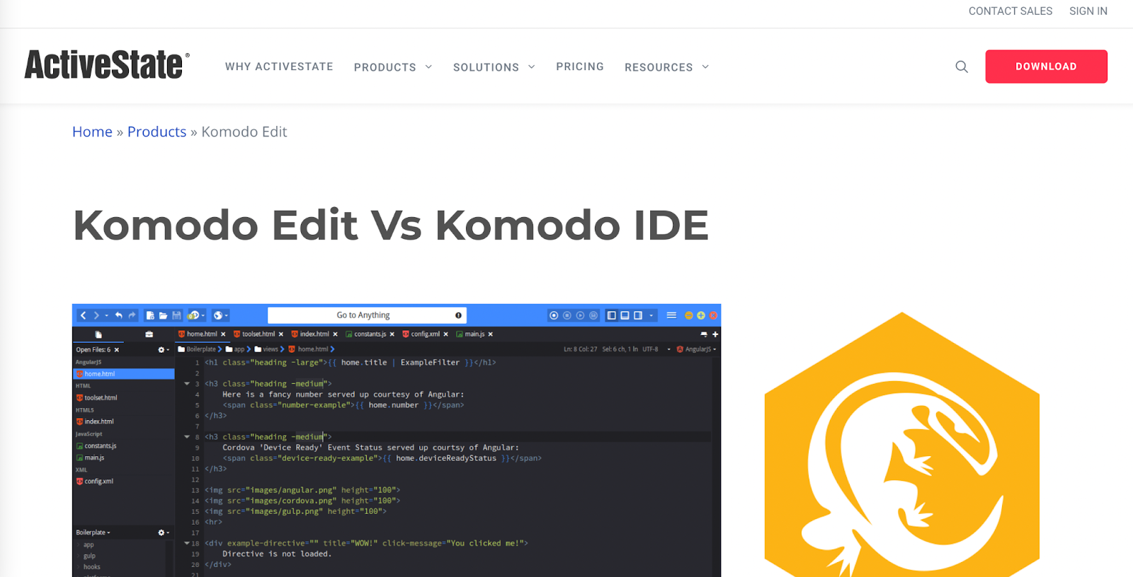 Komodo Edit interface with multiple language support and customizable features.