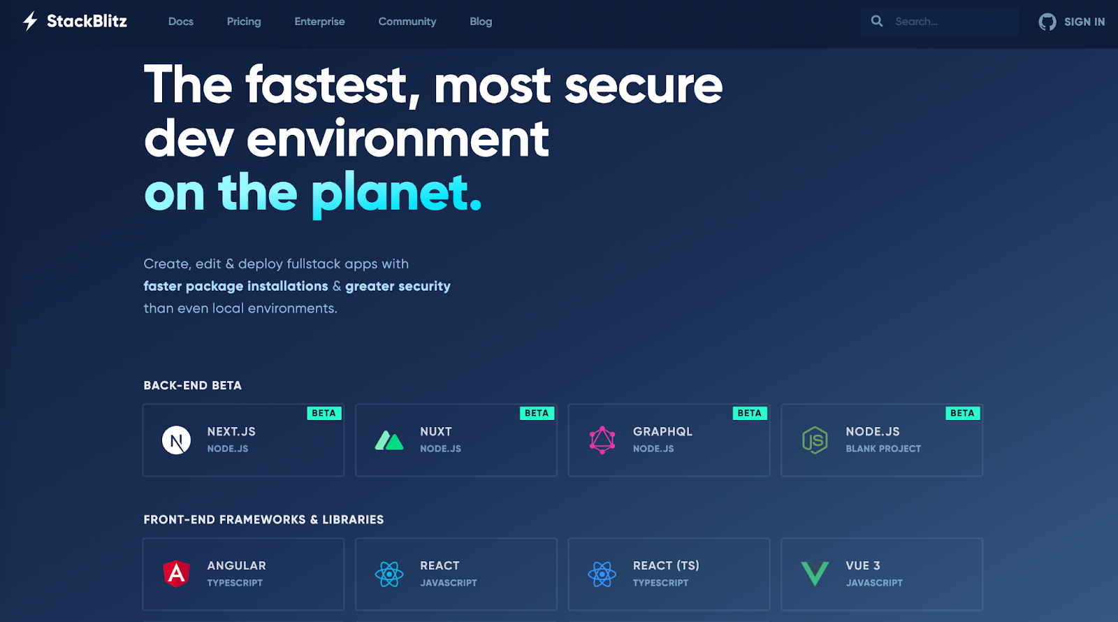 StackBlitz interface for web development with live preview and dependency management.